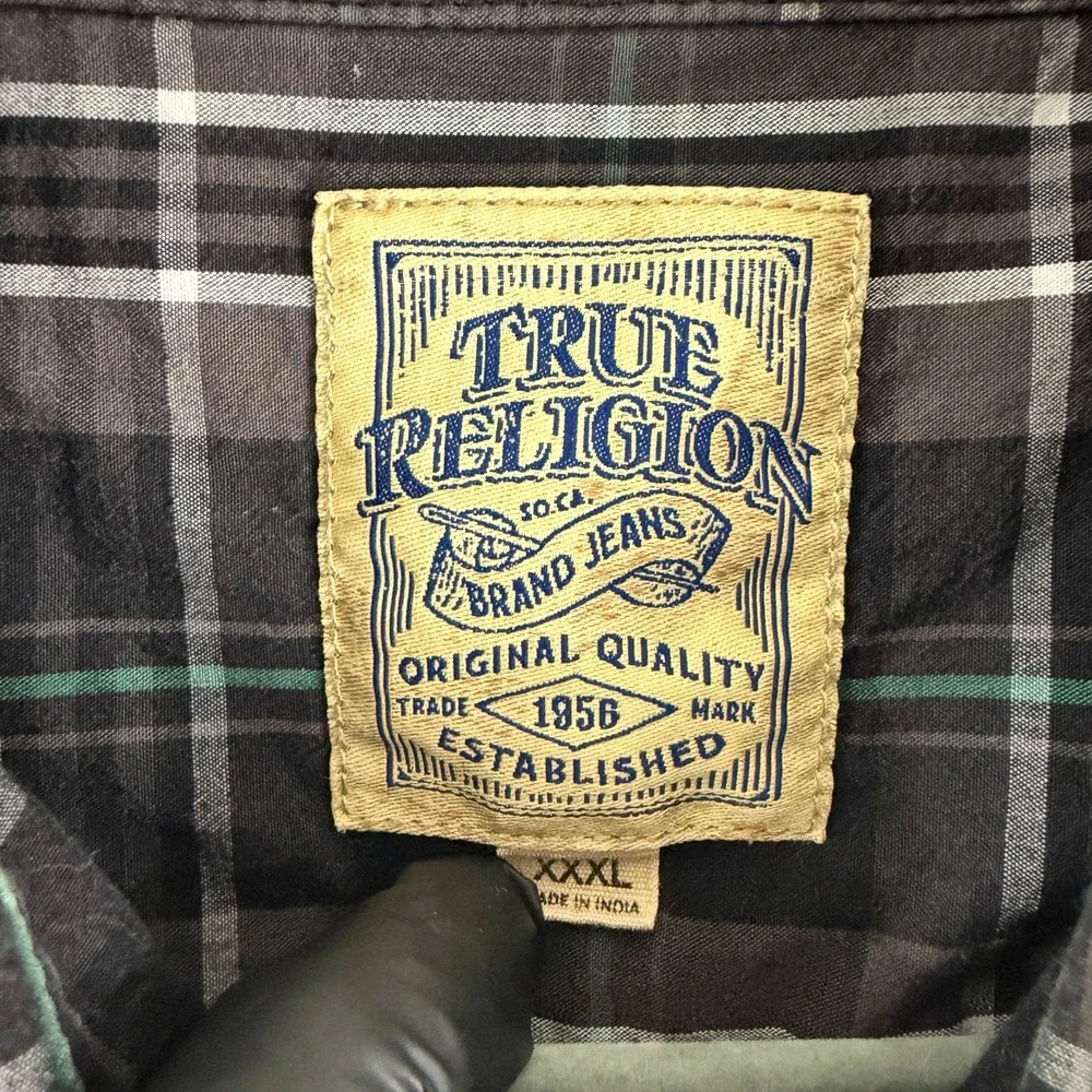 True Religion Button Down Shirt Mens XXXL Black Plaid Western Long Sleeve Cotton